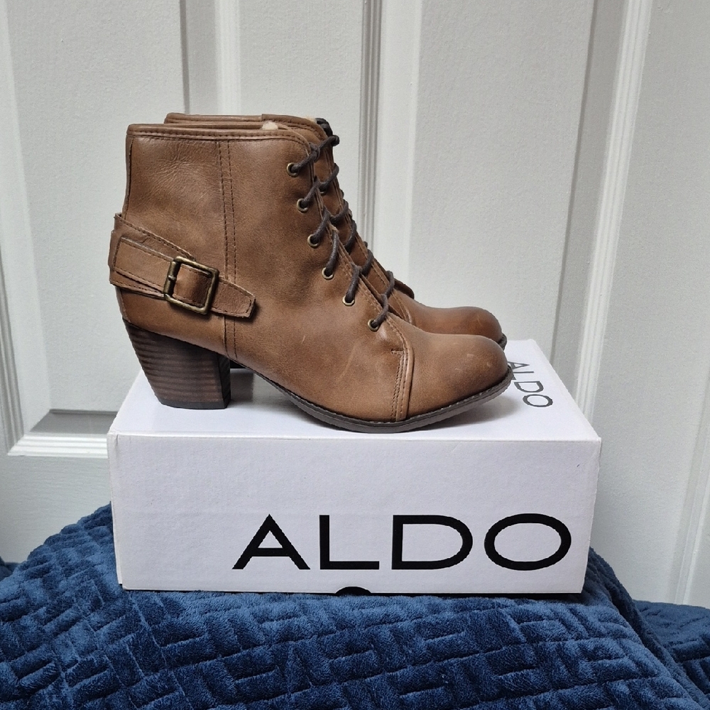 Aldo "Rhoades" Brown Leather Shearling Lace Up Boots Size 39, New In Box!